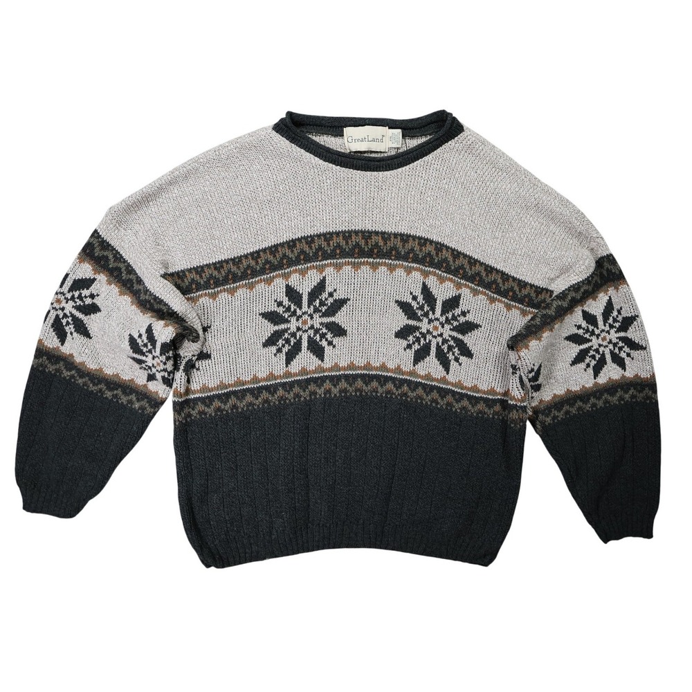 GreatLand Crewneck Sweater Mens 2XL Gray Excellent Vintage Snowflake‎ Pattern